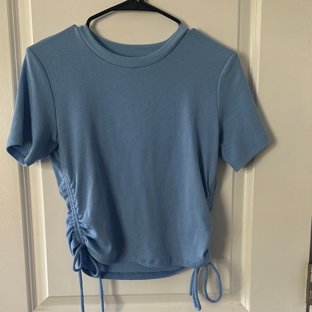 Zara Light Blue Ruched Short Sleeve Top